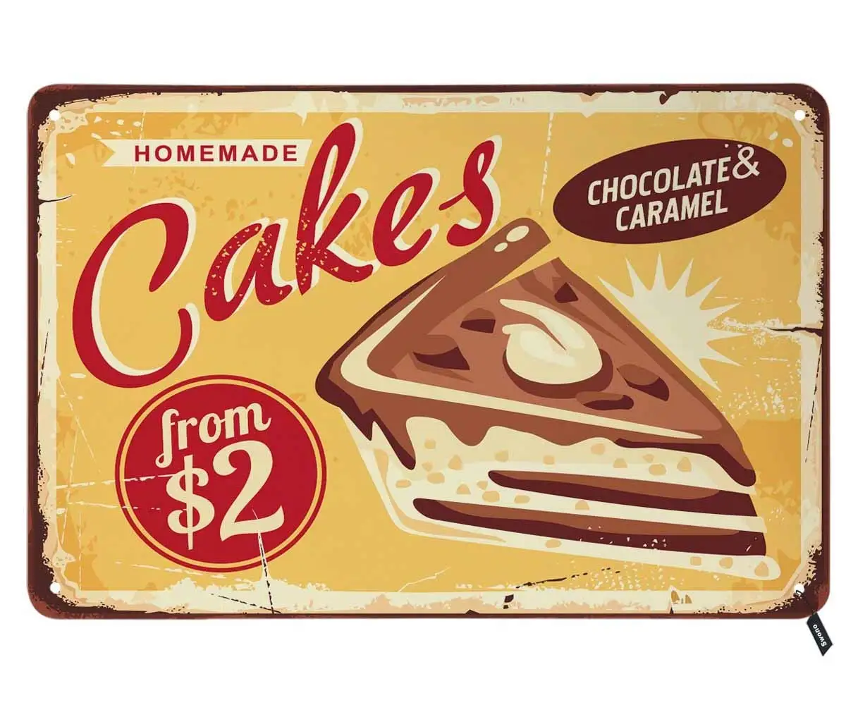 Swono Homemade Cakes Tin Signs,Chocolate and Caramel Sweets and Desserts Vintage Metal Tin Sign For Men Women,Wall Decor for Bar