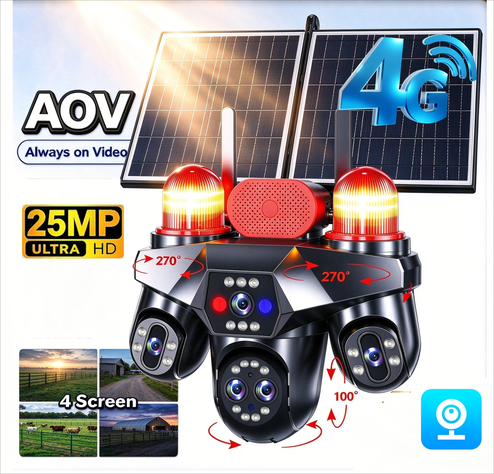 V380 Pro 5 Lens Quad 4 Screen 3 PTZ 10X Zoom AOV 4G Solar IP Camera Outdoor Wire-Free IP66 Waterproof CCTV Surveillance 10X ZOOM
