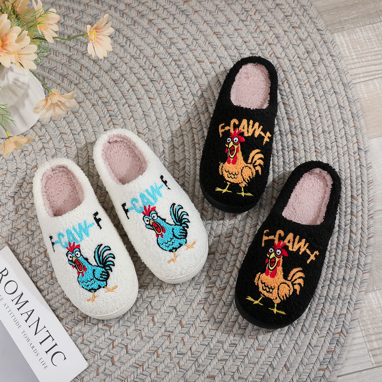 Fun Rooster Pattern Embroidered Plush Cotton Slippers, Autumn and Winter Thickened Warm Home Slippers, Indoor Non-Slip Soft Sole Design, Quirky Rooster Embroidery Design, Trendy and Funny Style, Suitable for Personal Use, Also a Creative Holiday Gift for Friends