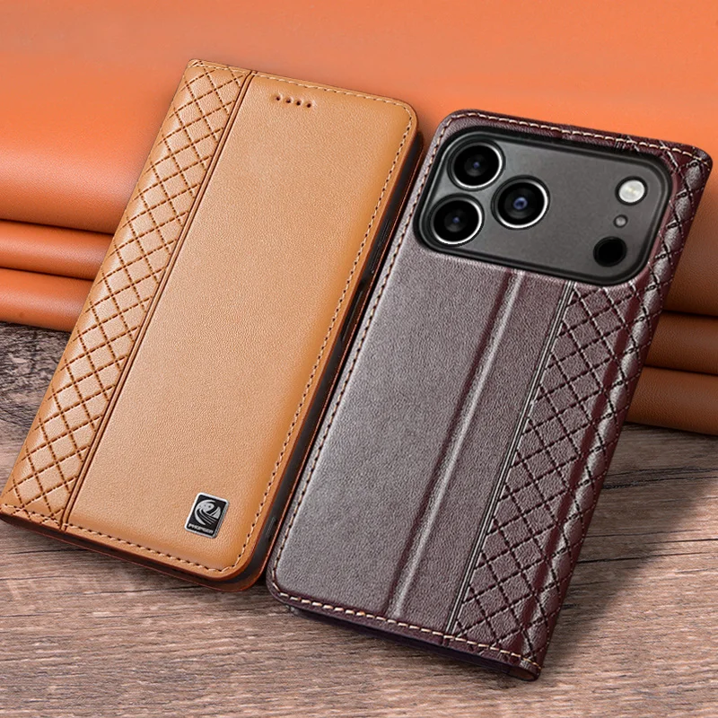 

Flip Case For APPLE iPhone 17 17Pro Air Pro Max Genuine Leather Magnetic Cover Luxury Cowhide Grid Pattern Wallet Cases Covers