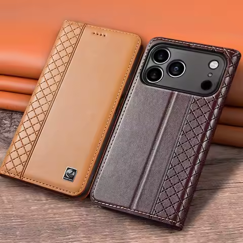 Flip Case For APPLE iPhone 17 17Pro Air Pro Max Genuine Leather Magnetic Cover Luxury Cowhide Grid Pattern Wallet Cases Covers