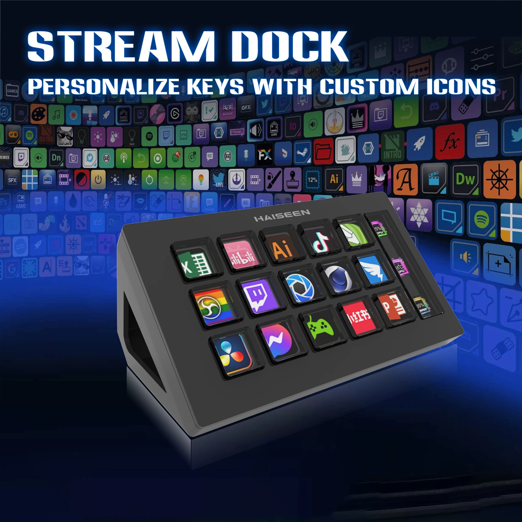 

HAISEEN Visual Stream Deck Клавиатура ЖК-кнопка 15 клавиш Контроллер для создания живого содержания Настраиваемые Windows/Macos/Android/Ios