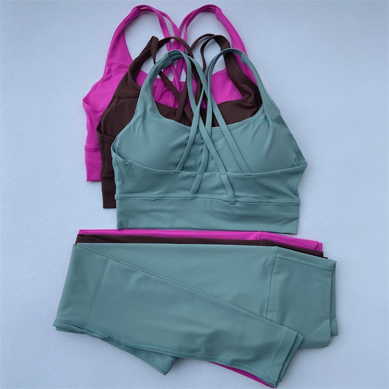 Yoga Set Gym Sports Set Women Workout Outfit 2 Piece Fitness Suit High Waist Leggings Cross Straps Bra Top Running Tracksuit