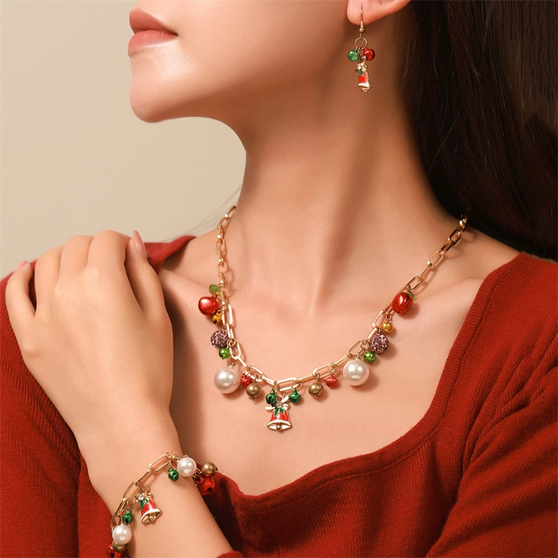 

Minimalist Colorful Bells Tassel Necklace Bracelet Earrings for Women Trendy Christmas Tree Pendant Jewelry Sets New Year Gifts