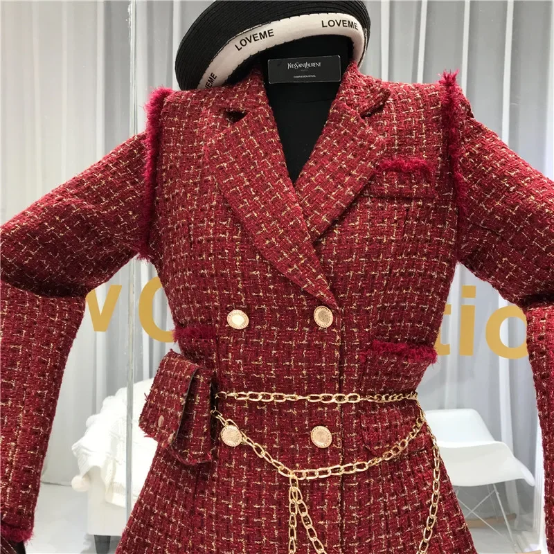 2023 New Gold thread Plaid Suit Coat Women Notched Double breasted Feather Tassel Trim Slim Tweed Jacket With Free Belt bag