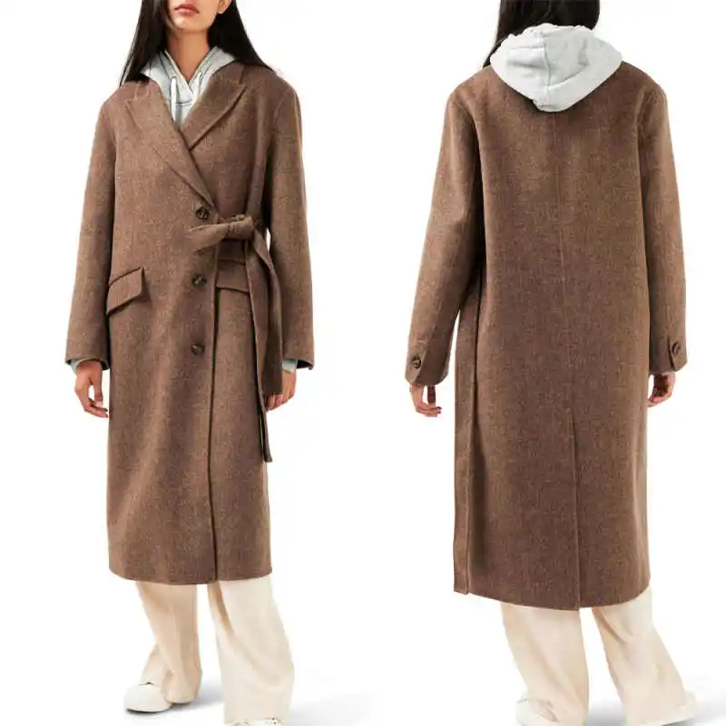 High Quality Chic Women's Woolen Overcoat 1 Piece Double-Breasted Long Sleeve Coat With Belt Loose Outerwear Customized