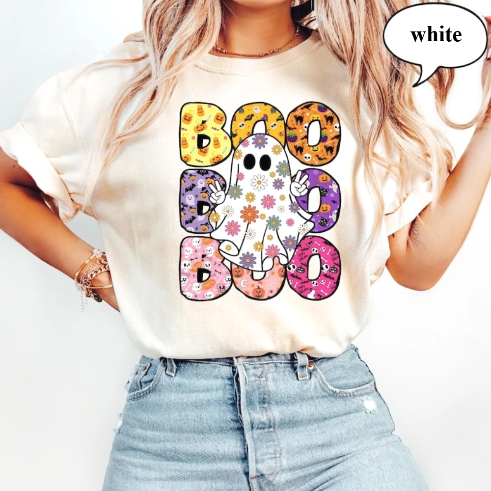 Boo Happy Halloween Floral Ghost Printed T-Shirt Tops Unique Creative Fashion Costume Tee Kawaii Woman Clothes Cotton Tshirt