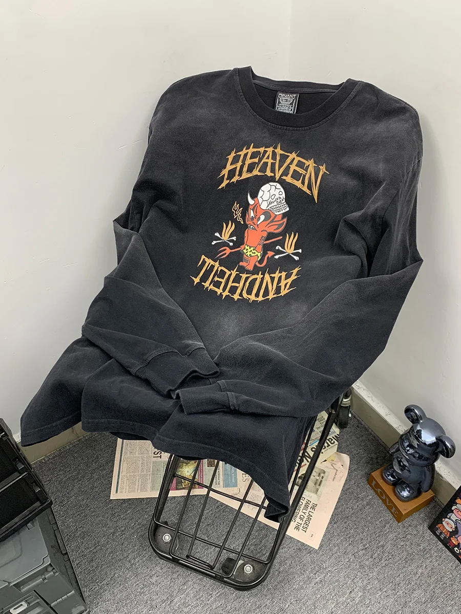 

Heavyweight Vintage Gradient Washed Long Sleeve Unisex T-Shirt Retro Print Cotton Casual Wear for Autumn And Winter