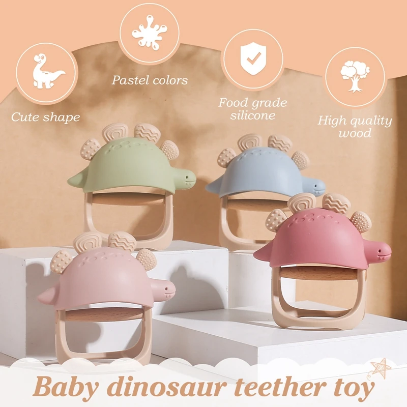 Mordedor de dinossauro de silicone para bebê recém-nascido, luvas, brinquedos anti-perdidos, material macio, para bebê de 0 a 12 meses