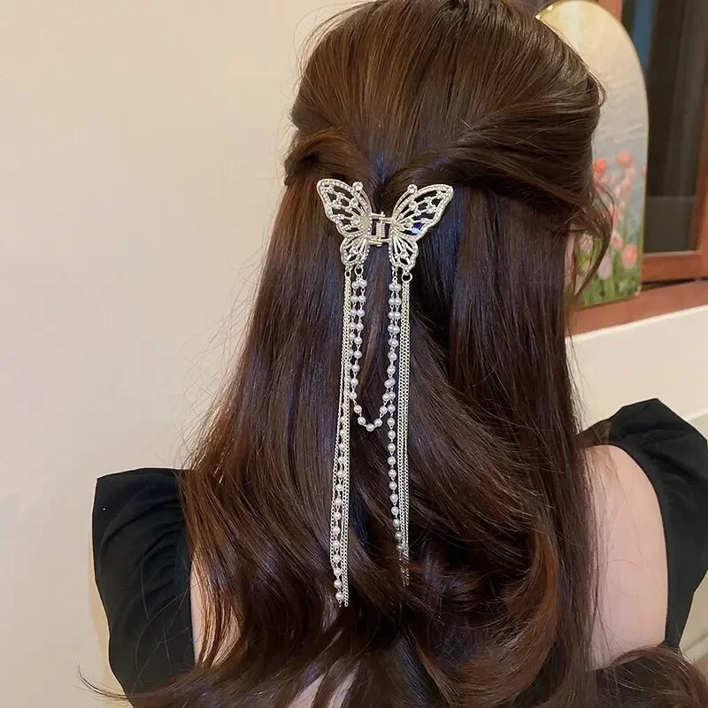 Imitation Pearl Butterfly Long Tassel Hair Claws for Women Elegant Rhinestones Shark Clips Half Tie Charms Hairpins Accessories image 2