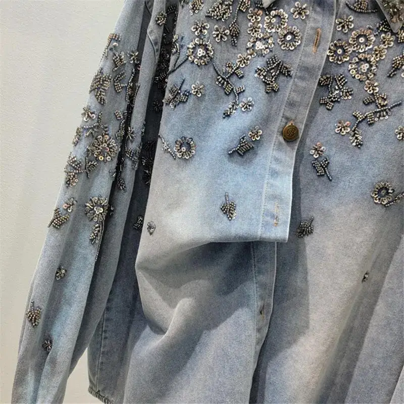 Denim Blouses Women Shirt Vintage Washed Beaded Turn Down Collar Full Sleeve Top Y2k Streetwear Elegant Loose Shirts 2026 summer
