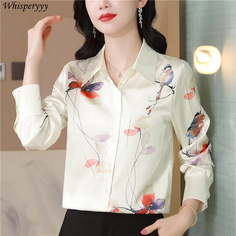 New Chinese Style Printed Shirt Loose Turn-down Collar Long Sleeve Thin Button Tops Women Spring Autumn Fashion Blouse Female