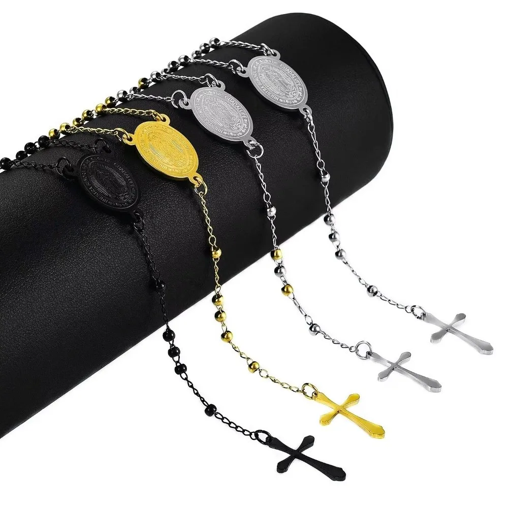 Stainless Steel Cross Necklace Clavicle Length Light Luxury Rosary Necklace Tassel Chain Cross Pendant Necklace Prayer Jewelry