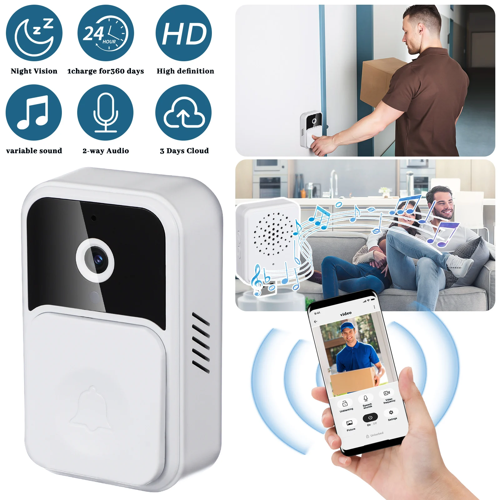 

Smart Wifi Video Doorbell Plastic Camera Home Night Vision Real Long Life Easy Install Doorbell
