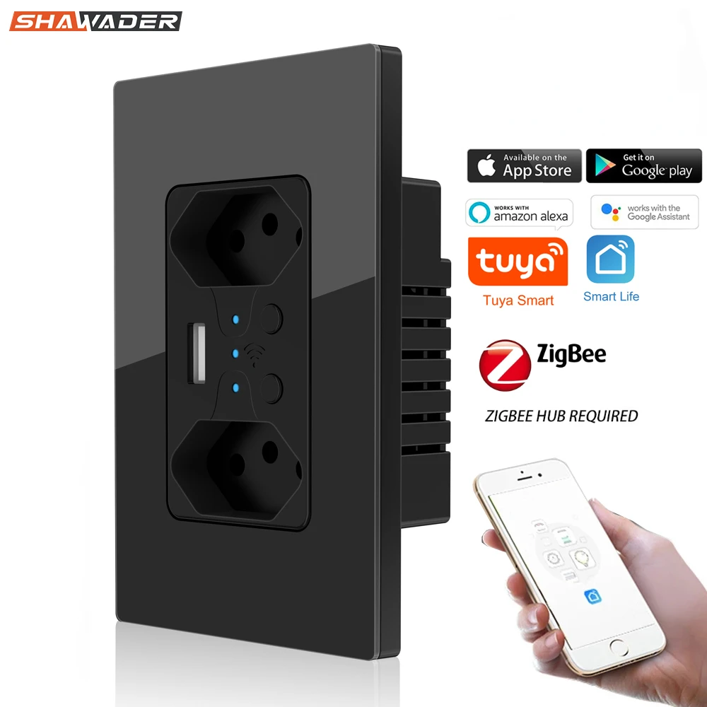 Zigbee Smart Brazilian Wall Socket USB Tomada Electric Brazil Plug Outlet PC Glass Panel Remote Tuya Smartlife Alexa Google Home