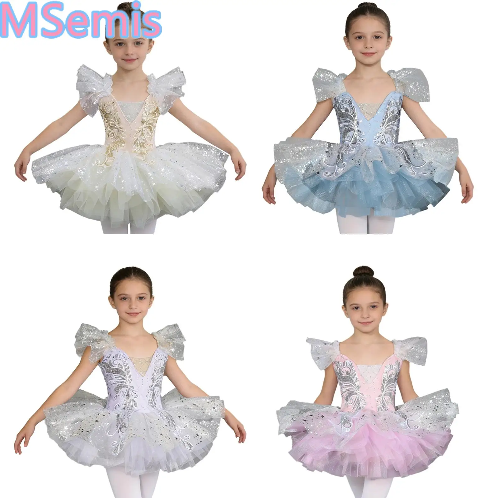 Kids Girls Tutu Dance Outfits Ruffled Sleeves Sequin Applique Tulle Ballet Dress with Headwear Cuffs for Performance Competition