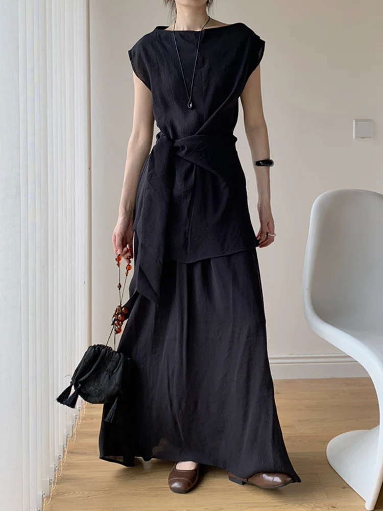 YERMORA Atasan Kasual Singkat Balutan Hitam Set Dua Potong Wanita Rok Setengah Tubuh Baru Longgar Leher-o Mode Pasang Musim Semi Musim Panas 2025