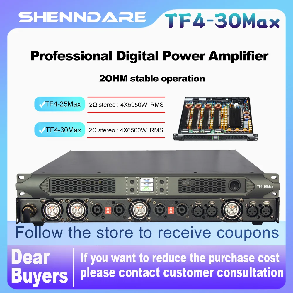 ShennDare TF4-30Max مضخم الطاقة الرقمي ذو 4 قنوات احترافي 1U 4x3000W DJ مضخم الصوت الفئة D 4X6500W 2ohm مجموعة خطية ثابتة مضخم صوت مكبر الصوت