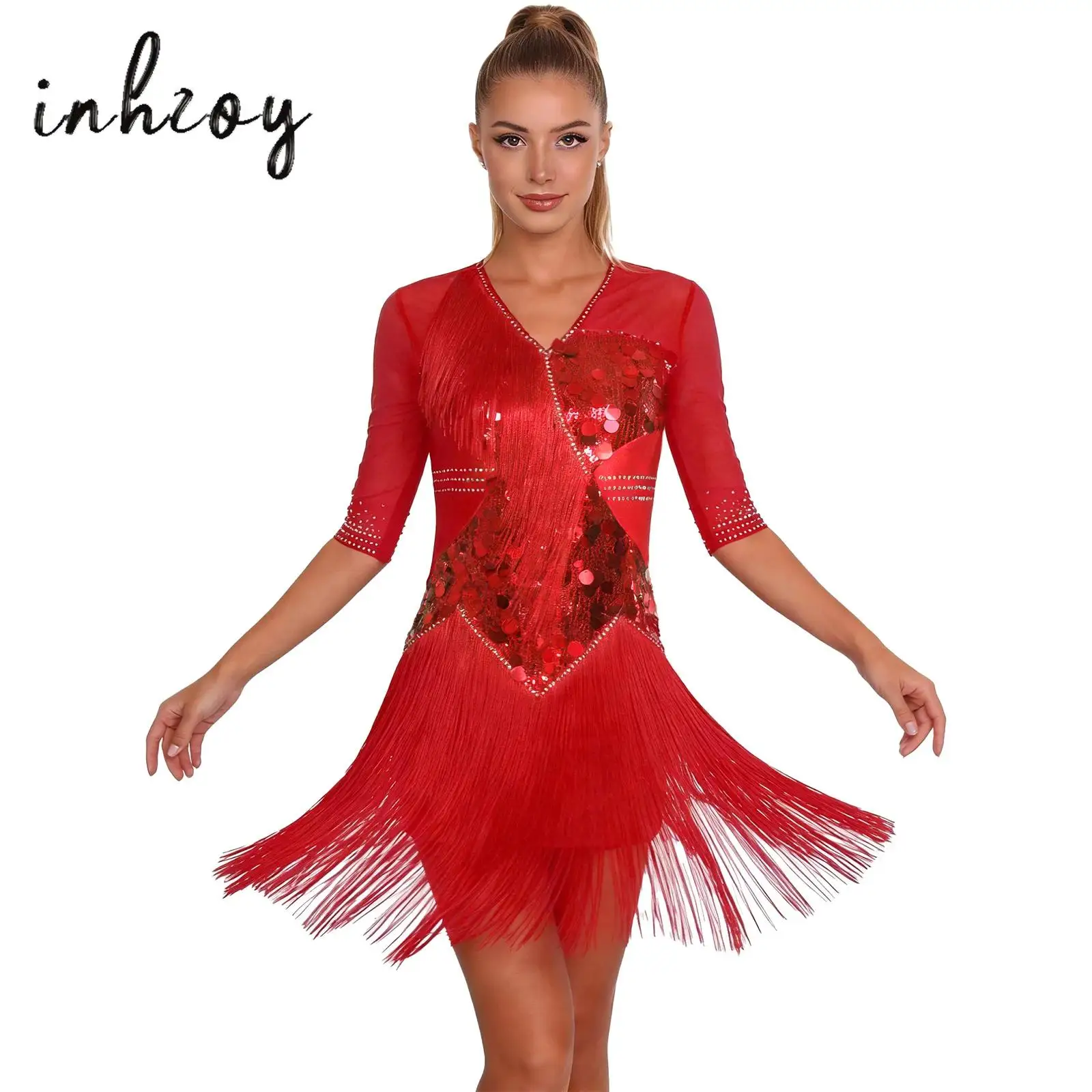 

Womens Latin Cha-cha Dance Dress Glittery Sequins Rhinestone V Neck Half Sleeve Tiered Tassel Dresses Tango Salsa Dancewear