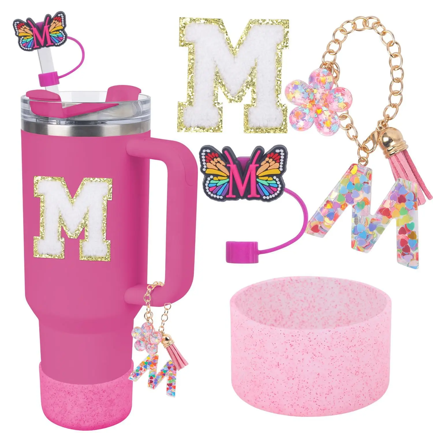 Cross Border Butterfly Letter Straw Topper Dust Cap Floral Letter Key Chain for Stanley Cup Chain Glitter Cup Sleeve