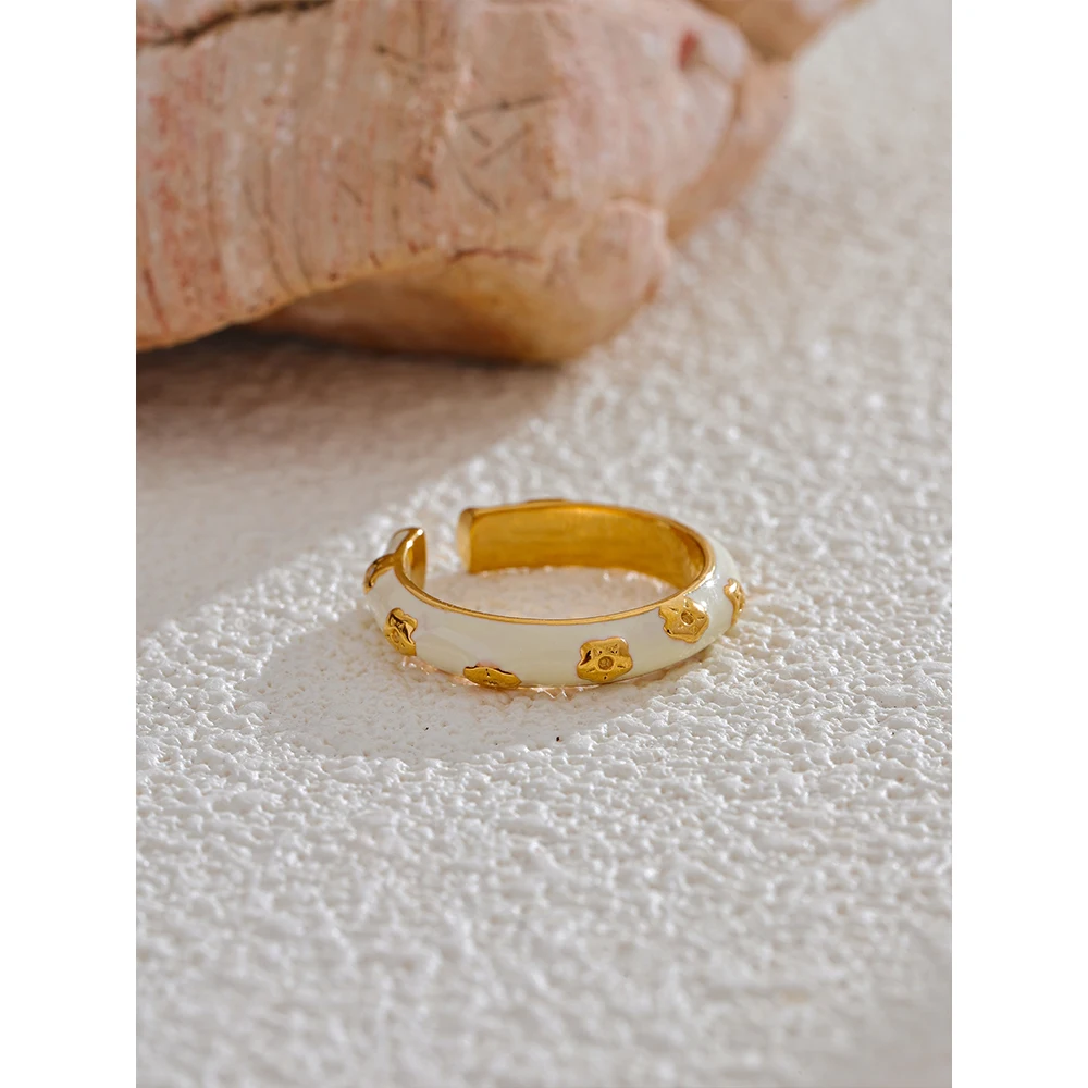 Yhpup Fashion White Enamel Stainless Steel Exquisite Open Ring Women 18K Gold PVD Plated Jewelry Stylish Accessories Gift