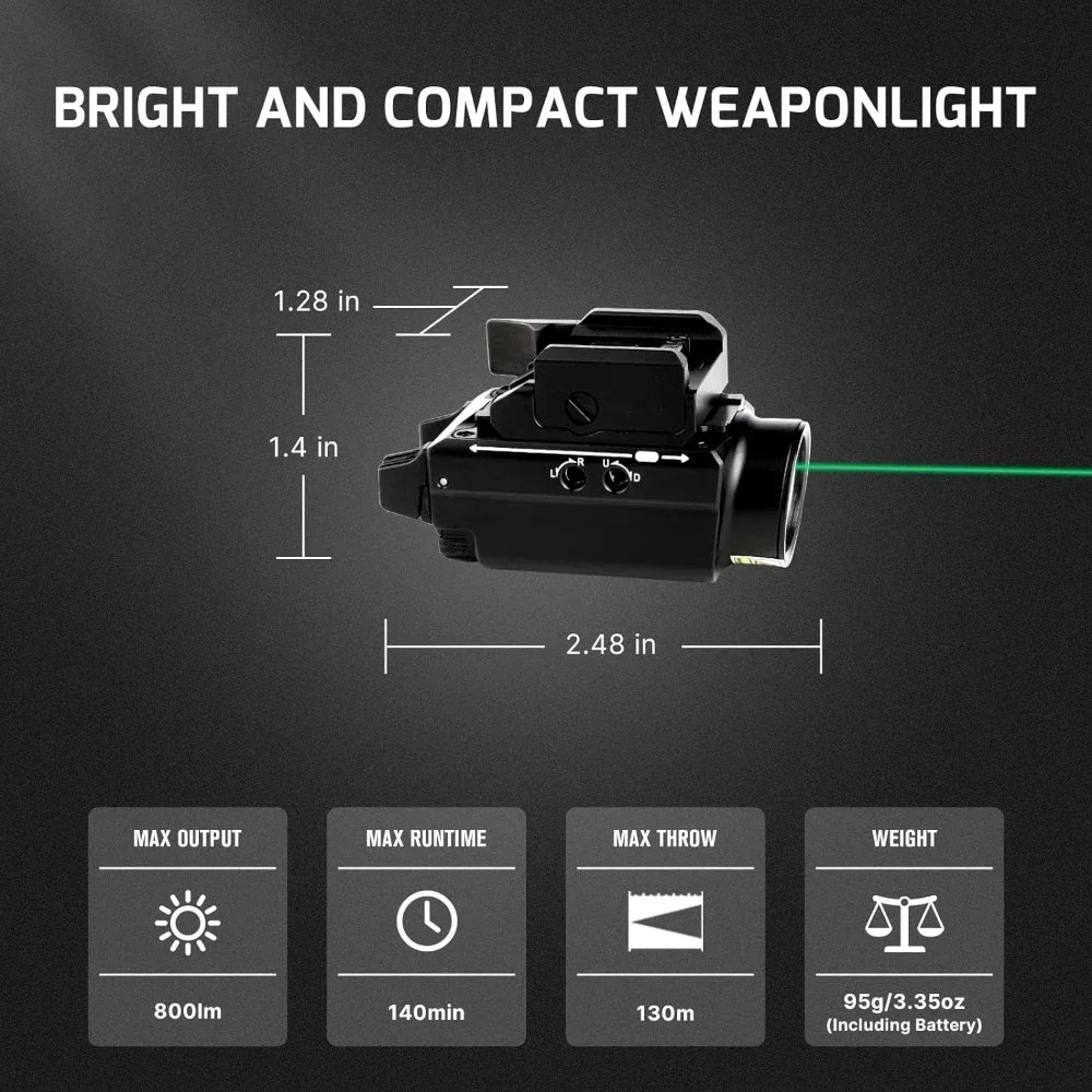 Compact Rail Mount Weaponlight with Green Beam and White LED Combo, Magnetic USB Rechargeable Tactical Flashlight with GL Rail