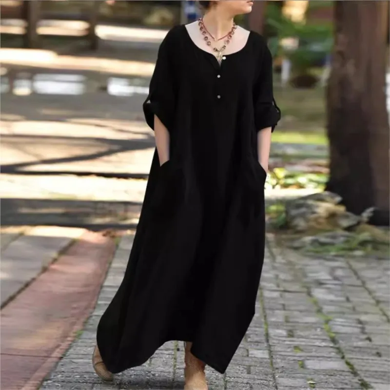 New Female Actress Elegant Solid Color Dress With Round Neck Button Slit Pocket And Loose Long Lining Skirt  Autumn Summer 2024