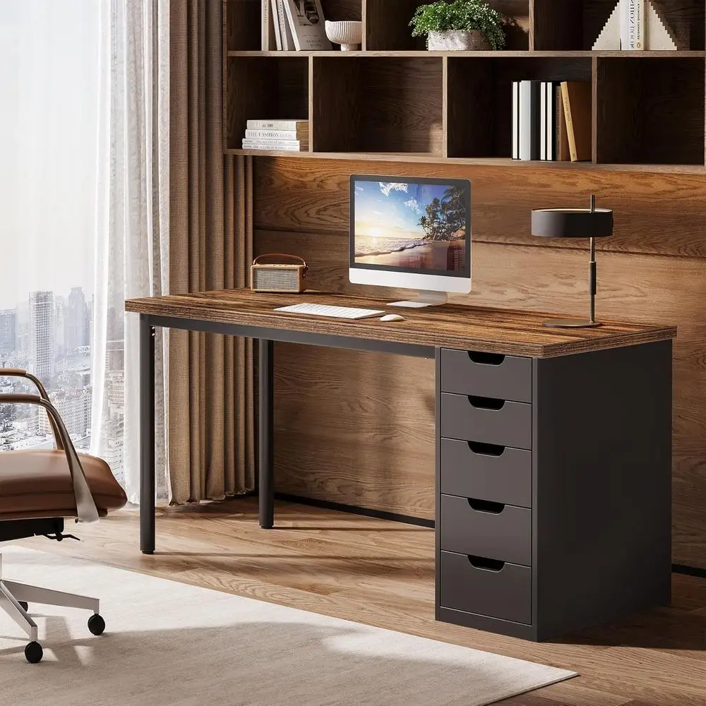 

47 Rustic Brown PC Desk with 5 Reversible Drawers, Compact Study Writing Table for Small Spaces