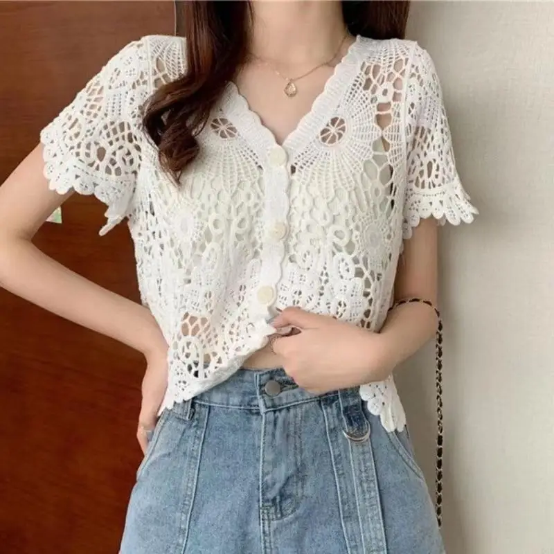 

Women Summer French Short Sleeve Lace Shrug Hollow Out Crochet Knit Bolero Cardigan V-Neck Button Down Sheer Crop Top for