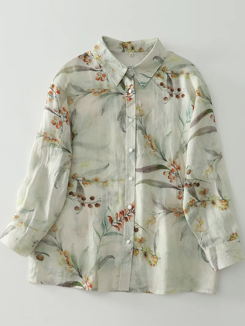 Elegant Soft Print Cotton Linen Long Sleeve Shirt Women Loose Casual Thin Sun Protection Top Breathable Moisture Wicking