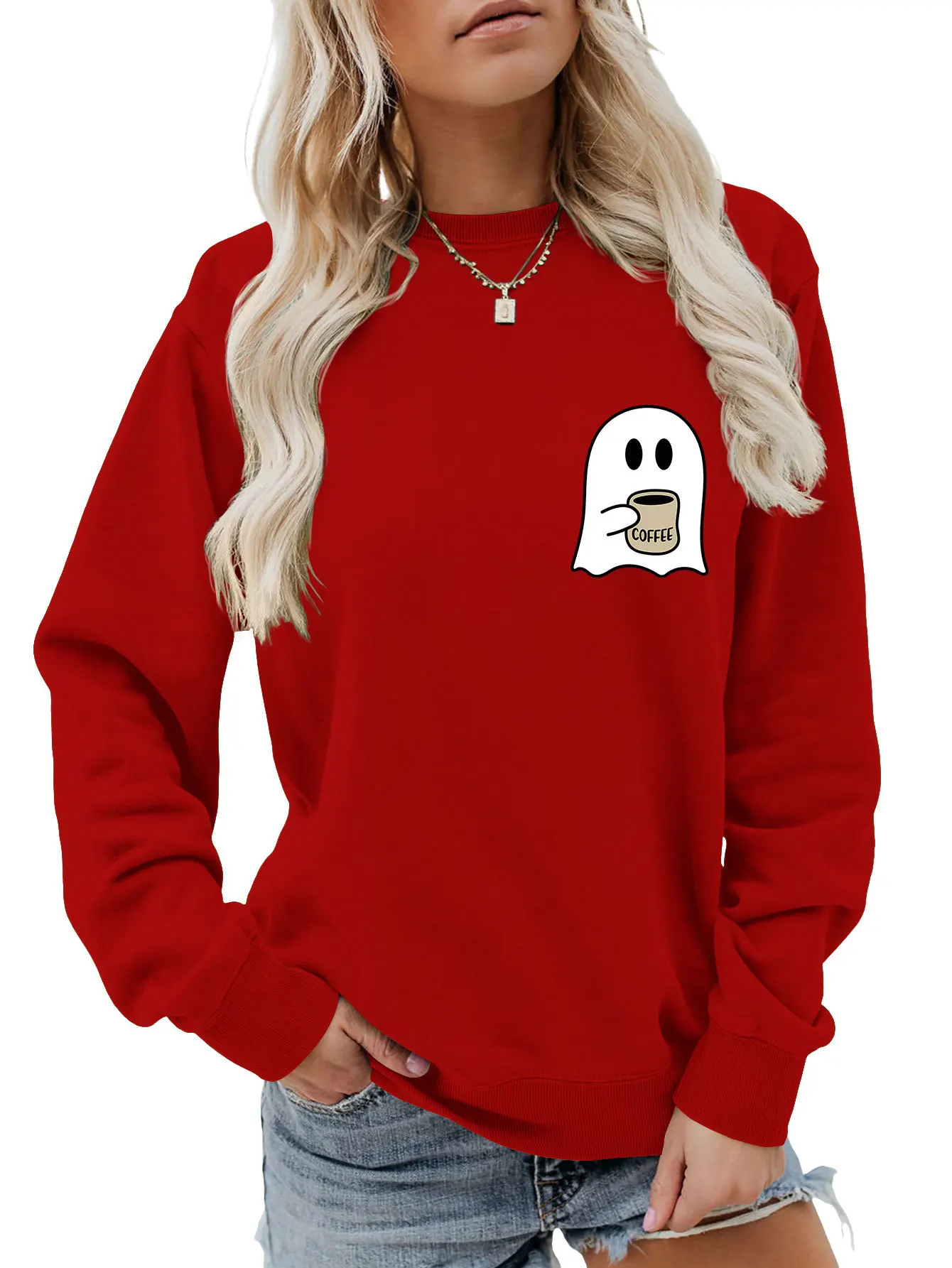 Autumn women's hoodie ghost drink water simple printed top fashion loose crew neck hoodie casual long sleeve hoodie jumper
