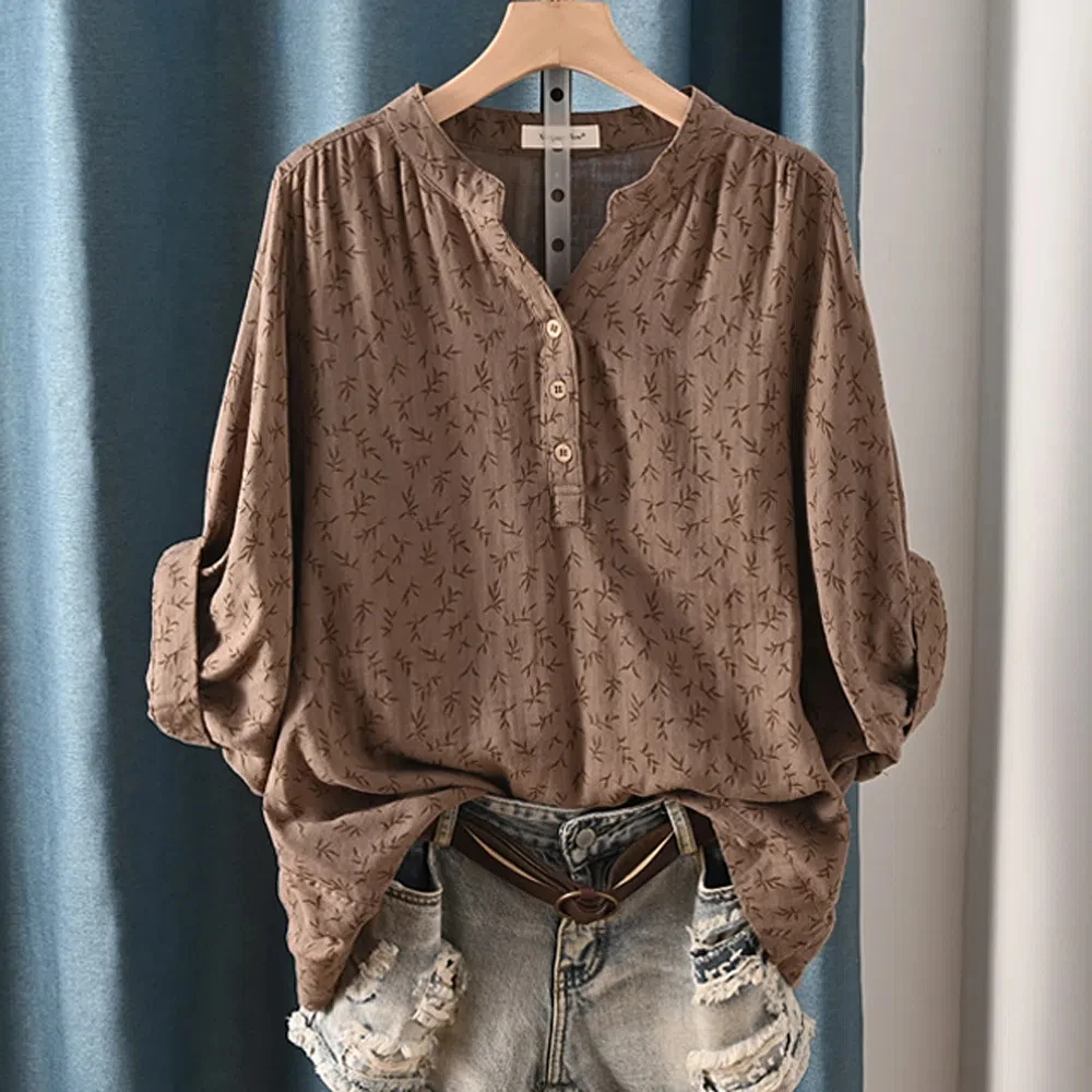 100% Cotton Yarn Casual Shirt Women Bat Sleeve Stand Collar Printed Top Girl Ladies Tops OL Loose Blouses Summer Clothes
