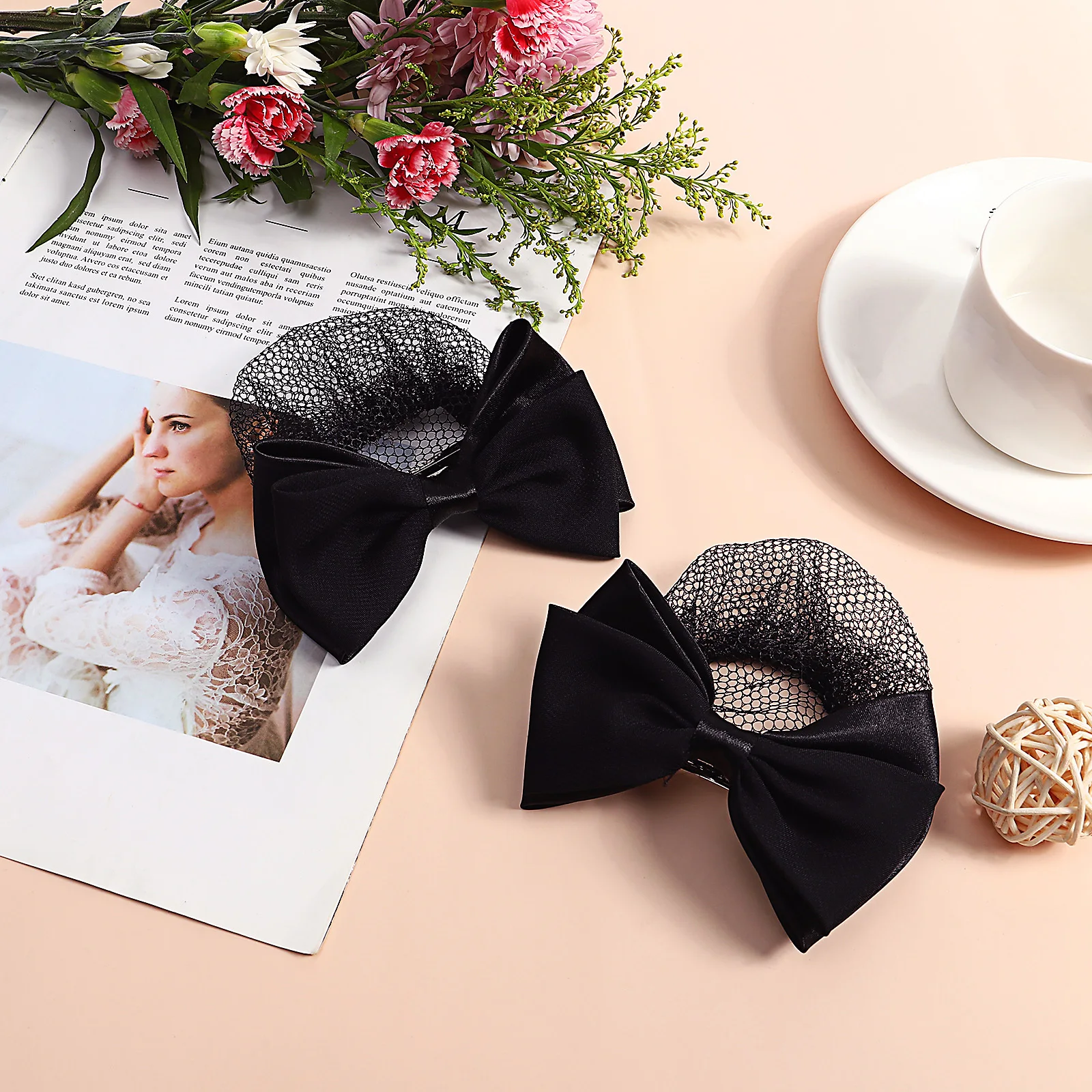 

2Pcs Decorative Hair Clip Bow Snood Net Head Flower Hair Accessories for Women Bun Cover Stylish Daily Wear Hotel Use