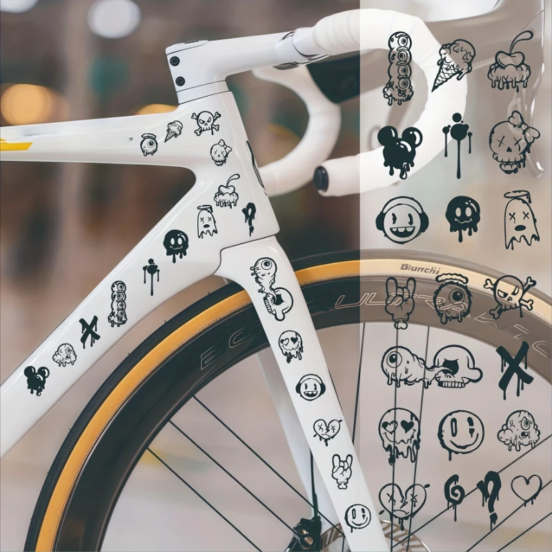 1Set 2D Flat Bike Frame Waterproof Vinyl Sticker Pack, UV-resistant Funny Decals for MTB & Road Bike Front Fork Protective Decor