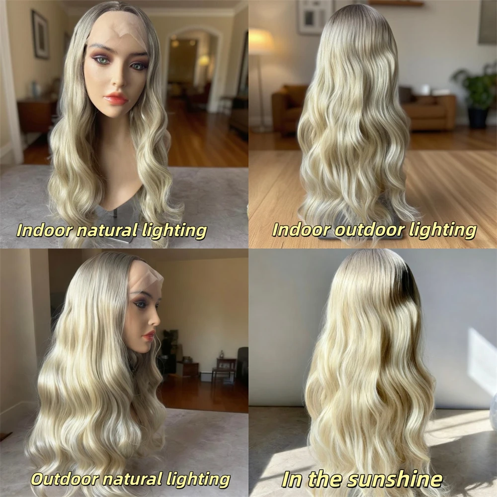 

Women's Wig Ombre Ash Blonde Synthetic HD Lace Front Wig Invisible Transparent Lace Natural Preplucked Hairline with Baby Hair