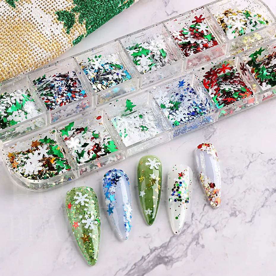 Merry Christmas Flakes Nails Art Glitter Green Red Xmas Sequins White Snowflakes Stars Paillette Winter Manicure Decoration #SDF