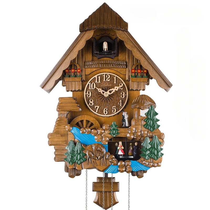 Clocks Wall Home Decor Cuckoo Clock Wall Hanging Clock Carved in Solid Wood Water Wheel Dolls Spin and Dance Pastoral Painting