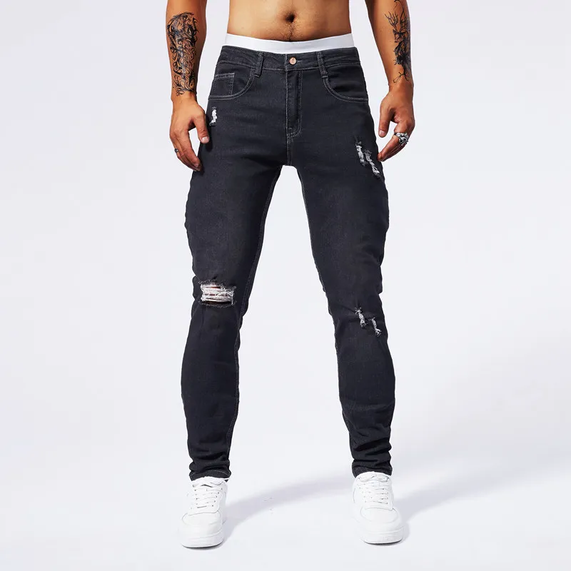 Fashionable American style distressed jeans for men's 2024new summer thin stretch slim fit small foot tight classic street pants