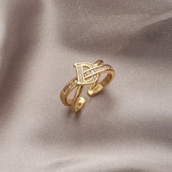 European and American new fashion letter D shape white zircon embellished luxury personality versatile women's adjustable ring