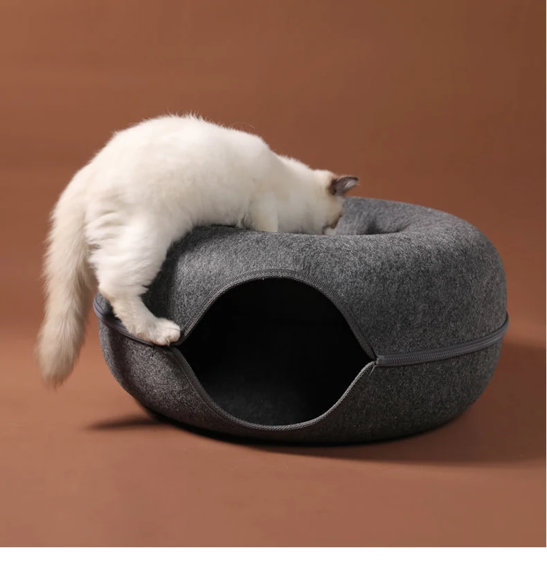 Donut Katze Tunnel Bett Haustiere Haus natürlichen Filz Haustier Katze Höhle interaktives Spielzeug Runde Wolle Filz Haustier Bett Katze Training Spielzeug Katzen haus – Detail 10