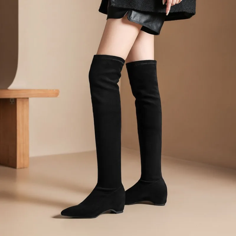 Sexy Women's Boots Pointed Toe Over The Knee Boots Square Heel Warm High Boots Elastic Sock Shoes for Women Suede Back Zip Pumps