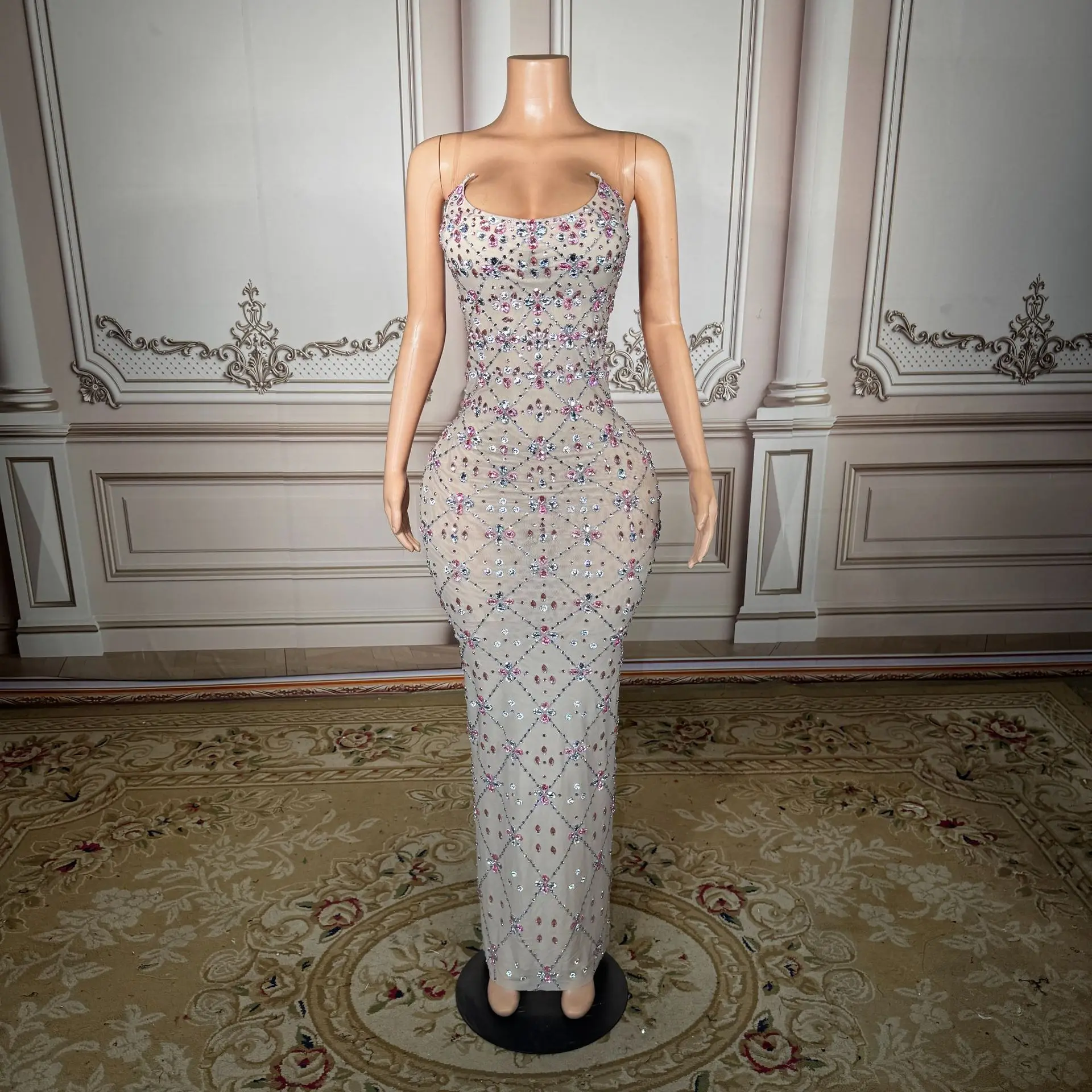 High-end heavy-duty glittering diamond wrap-around plunging fitted A-line long dress for formal birthday party, hosting, walking