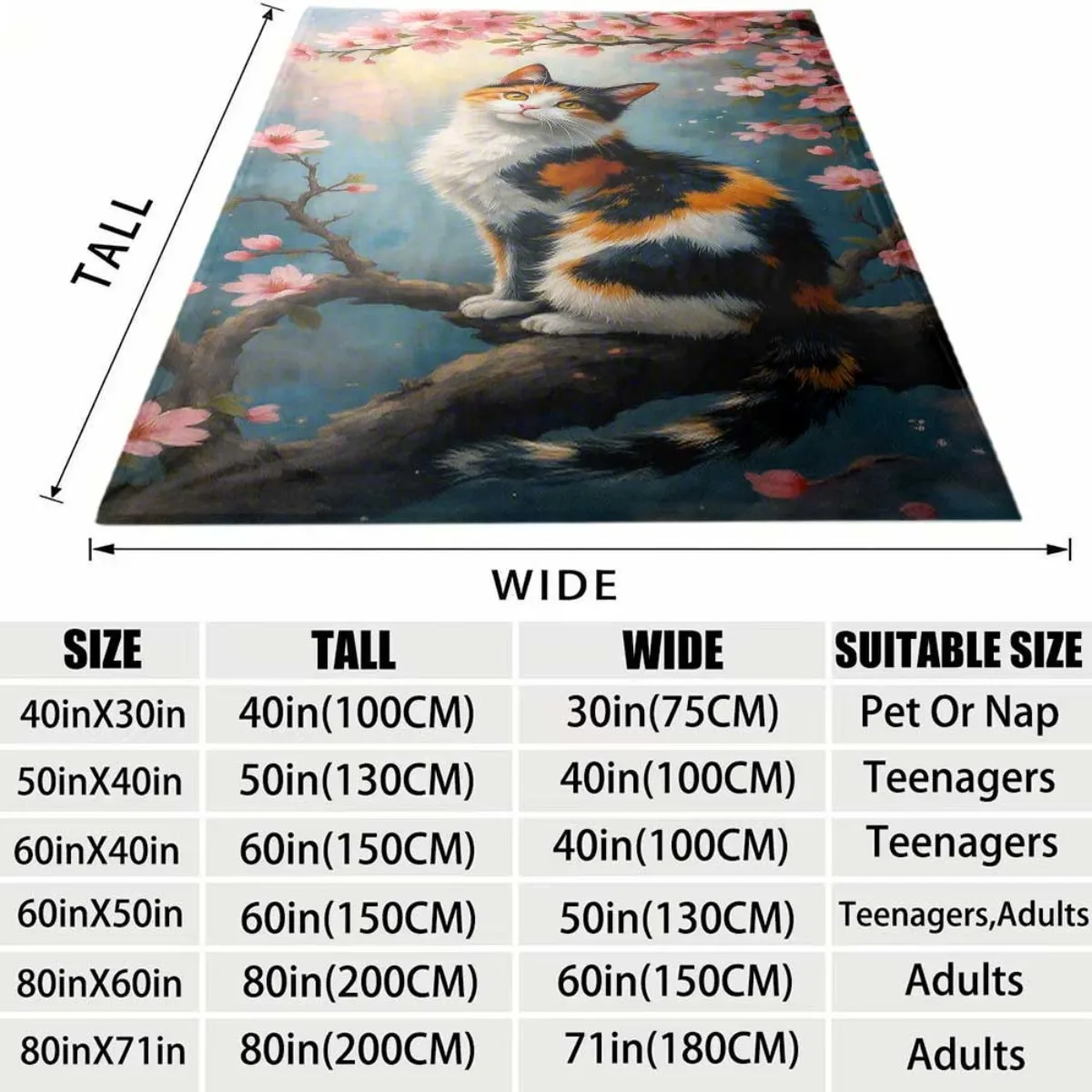Vintage Calico Cat On Cherry Branch Flannel Blanket Lightweight Warm Plush Throw Blanket Decorative Blanket for Bedroom