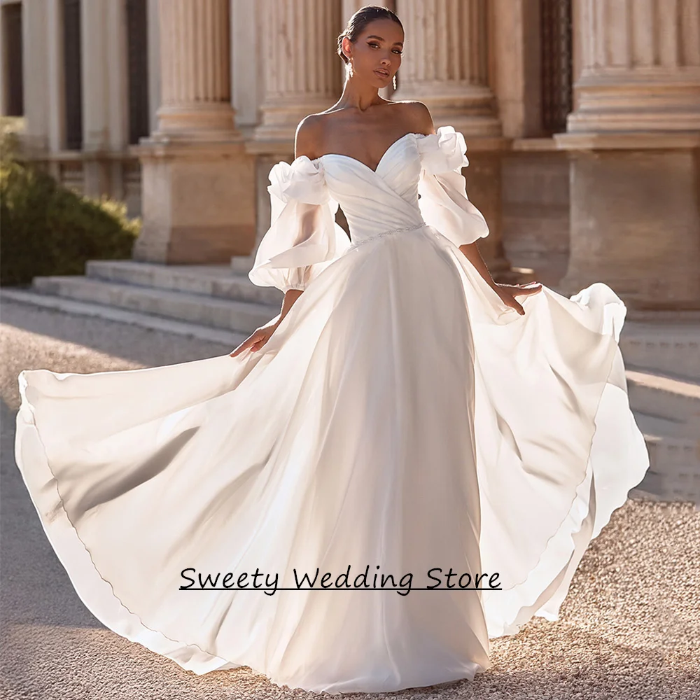 Simple Wedding Dress New Arrival Customized Sweetheart Puff Sleeves Pleat A Line Beach Bridal Gown Vestido De Noiva