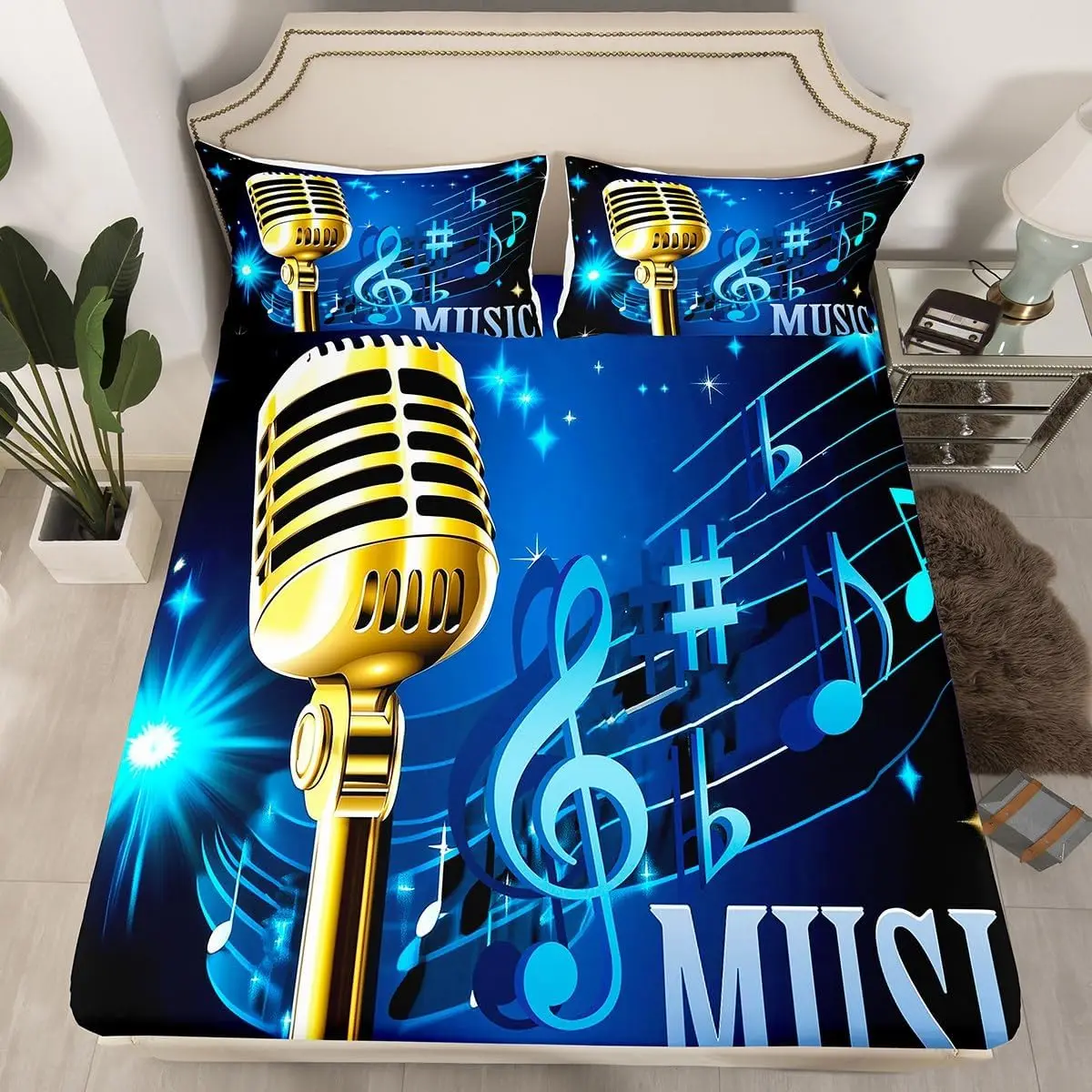 Microphone Fitted Sheet Twin Queen Size for Kids Boys Girls, Musical Notes Bed Sheets,Music Themed Bedding Set with Deep Pocket