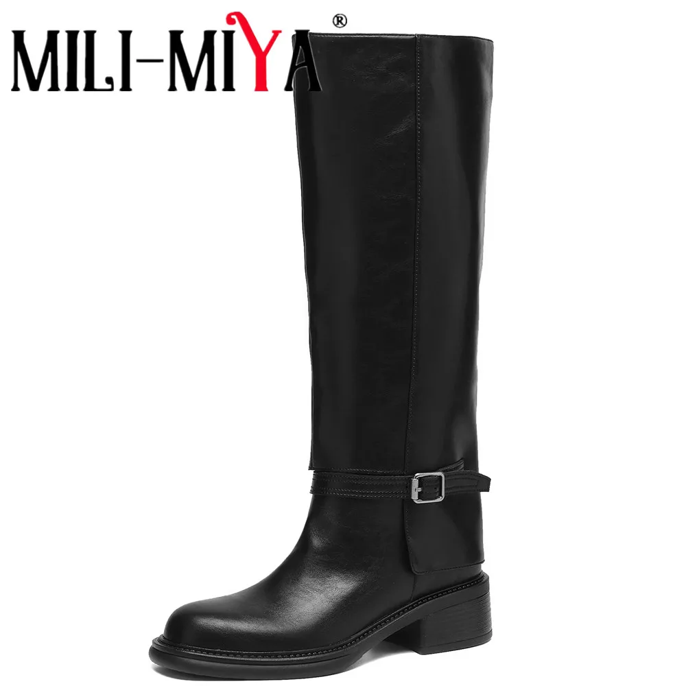 MILI-MIYA Women's Cow Leather Wide-Leg One-Step Rider Knee-High Boots Round Toe Chunky Heel Solid Color Casual Knee-High Boots