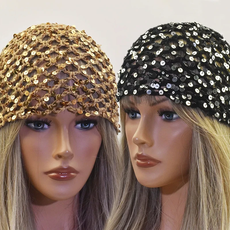 2026 New Korean Version Y2K Sequined Hollow Pullover Hat Women Summer Fishnet Knitted Hood Shiny Beanie Seaside Crochet Hat
