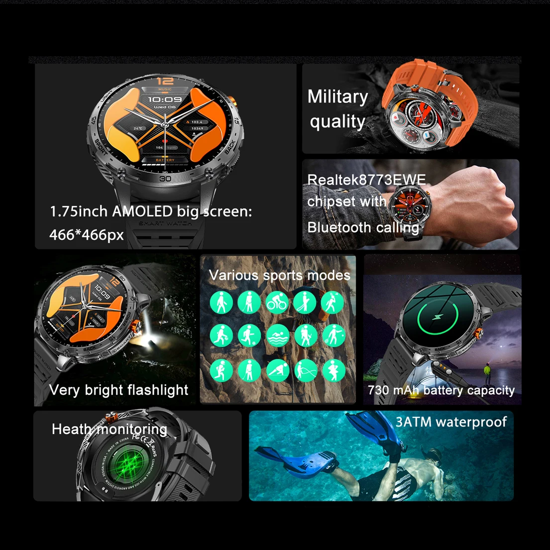 Nova tela amoled das mulheres dos homens lanterna ao ar livre relógio inteligente azul dente chamada esportes rastreador de fitness monitor saúde smartwatch