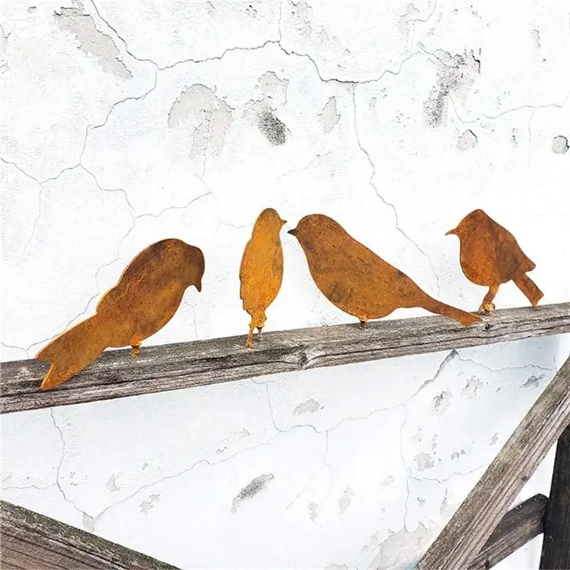PZHI Metal Bird Ornaments Iron Art Crafts Silhouette Sculpture for Garden Fence Decoration 8PCS Rust for Look