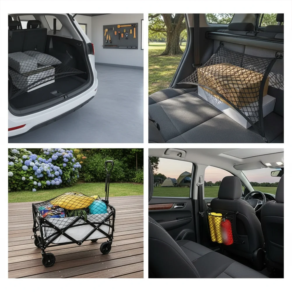 3PCS Car Trunk Storage Net Nylon Mesh 40x25cm 60x80cm With Hooks For Sedans, SUVs, Campervans, And Trucks  Storage Accessories